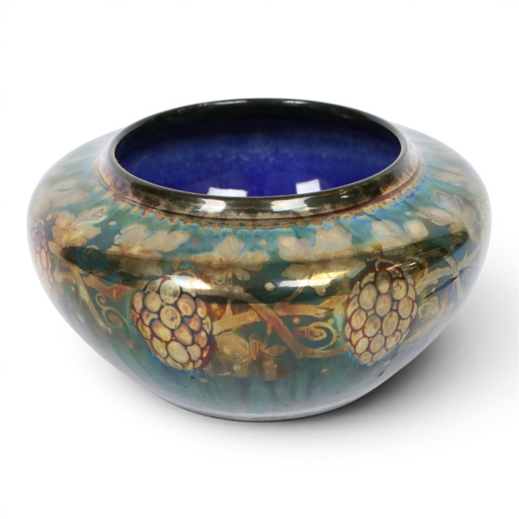 Richard Joyce for Pilkington, Royal Lancastrian lustre vase, of squat form, decorated with grapes and vine leaves, with impressed marks beneath, H9cm