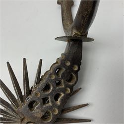 Pair of South American gaucho steel and brass spurs with twenty-two spike heel rowels, possibly Chilean L23cm