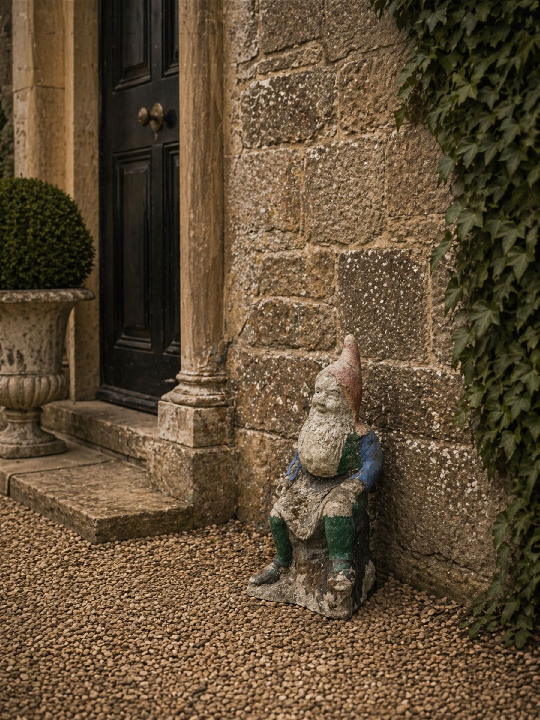 Early large scale composite stone garden gnome, original distressed paint