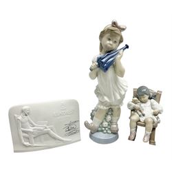Two Lladro figures, comprising Naptime no 5448 and Sweet Girl no 4987, together with a Lladro collectors plaque, largest example H27cm