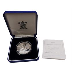 The Royal Mint United Kingdom silver proof coins, comprising 1990 five pence two-coin set, 1998 'His Royal Highness The Prince of Wales Fiftieth Birthday' crown, and 1998 'NHS 1948 -1998' fifty pence coin, all cased with certificates