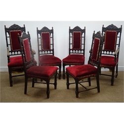  Set six (4+2) Victorian carved oak Carolean style dining chairs, acorn finials, carved shaped cresting rail, upholstered splat and seat, turned supports joined by single 'H' stretcher, W57cm  