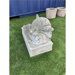 Composite stone dolphin garden ornament, on plinth  - THIS LOT IS TO BE COLLECTED BY APPOINTMENT FROM DUGGLEBY STORAGE, GREAT HILL, EASTFIELD, SCARBOROUGH, YO11 3TX