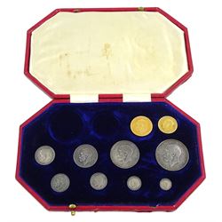 King George V 1911 proof short coin set, comprising gold half sovereign and sovereign, silver maundy money set, sixpence, shilling, florin and halfcrown, housed in dated case intended for the long coin set so there are two vacant recesses 