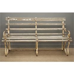  20th century garden bench, painted bent wrought metal supports with pine slats, W168cm  