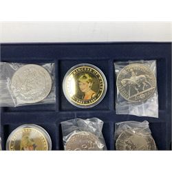 Ten Queen Elizabeth II five pound coins, Falkland Islands 2005 one crown and other commemorative coins, housed in a Westminster box