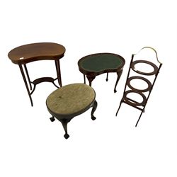 Kidney shaped leather top occasional drinks table, raised on cabriole supports, inlaid mahogany occasional table, cake stand and a Georgian style dressing stool
