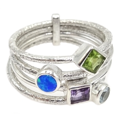  Silver peridot, amethyst, aquamarine and opal ring, stamped 925  