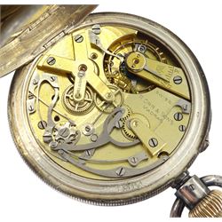 19th century Swiss silver open face keyless chronograph pocket watch by P. Orr & Sons, Madras, white enamel dial with Roman numerals, centre seconds and thirty minute recording dial, over constant seconds outer minute ring, case No. 647576, Swiss hallmarks