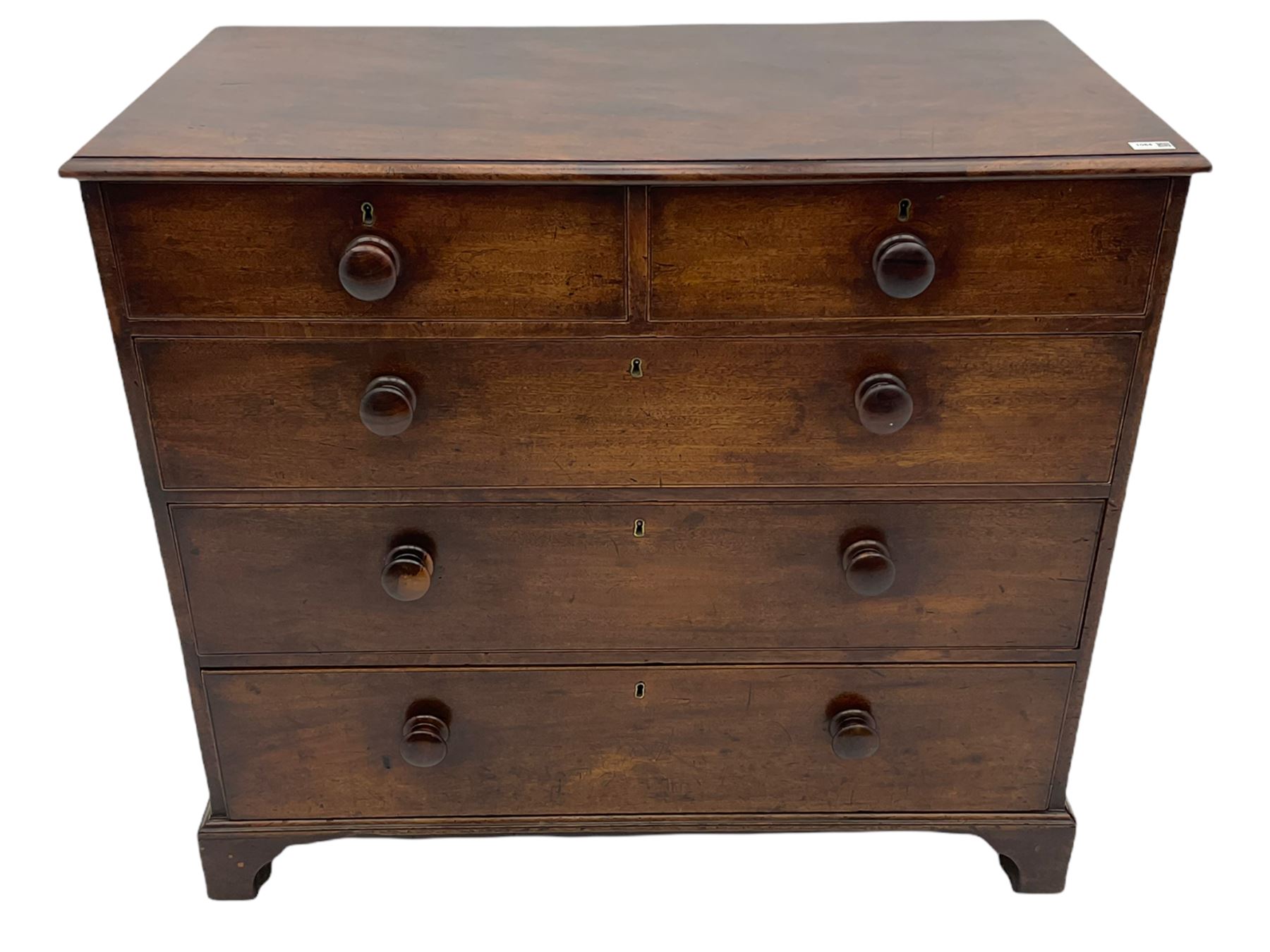 Georgian mahogany chest, fitted with two short and three long mahogany lined drawers, bracket feet
