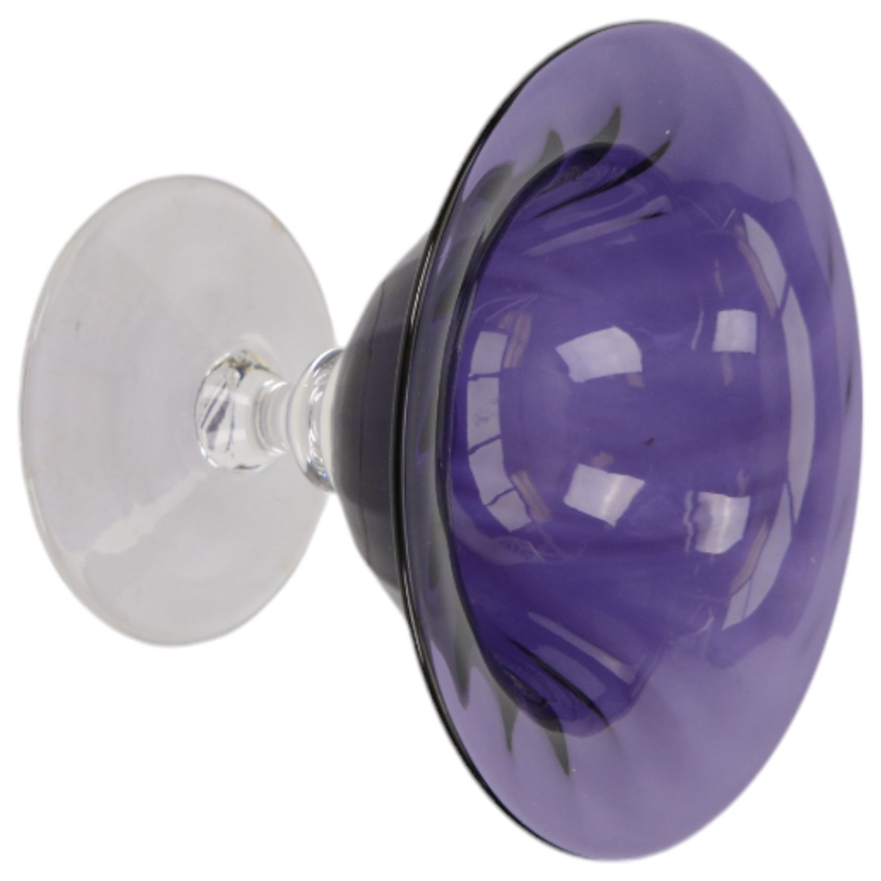 Gillies Jones of Rosedale oversized wine glass, decorated with white abstract decoration, together with a smaller Gillies Jones of Rosedale trumpet shaped wine glass with applied coloured glass ribbon to stem and a Deborah Fladgate purple fluted glass dish, all signed to base, tallest H24.5cm