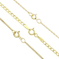 Four 9ct gold stone set pendants including amethyst and white topaz cross, three on 9ct gold chain necklaces