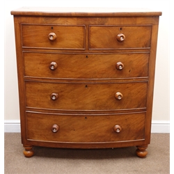  Victorian mahogany chest, two short and three long cockbeaded graduating drawers, turned supports, W108cm, H120cmn, D55cm  
