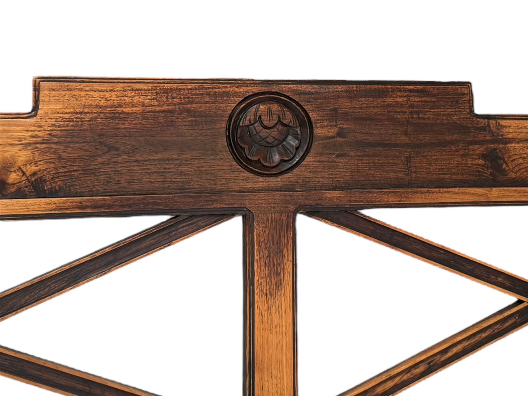 Georgian design Indian sheesham hardwood framed four poster bed, lattice slats to the top supported by reeded cylindrical and octagonal column uprights, the pierced stepped headboard carved with floral motifs, with associated mattress