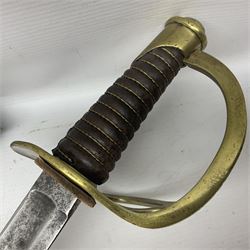 19th century French 1822 Pattern Light Cavalry trooper's sword with 88.5cm slightly curving fullered blade, brass three-bar hilt and wire-bound leather grip; in polished steel scabbard with two suspension rings L110.5cm overall