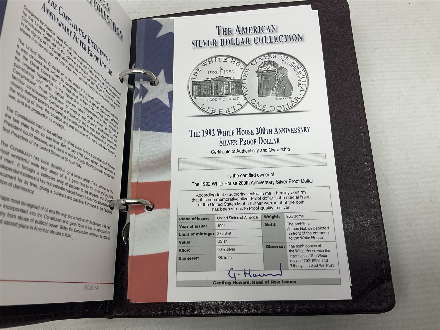 Five United States of America commemorative silver proof coins, comprising 1986, 1987, 1989, 1992 one dollars and 1982 half dollar, all with certificates