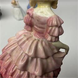 Five Royal Doulton figures, including Shore Leave HN2254, The Old Balloon Seller HN1315, Rose HN1348 etc, together with Royal Worcester Coquette