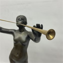 After Eugen Schlipf, Fanfair, bronzed female figure playing two horns, upon a circular marble plinth, H57cm