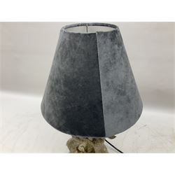Silver composite table lamp, modelled as a pair of boxing hares, with a grey velvet shade, H45cm