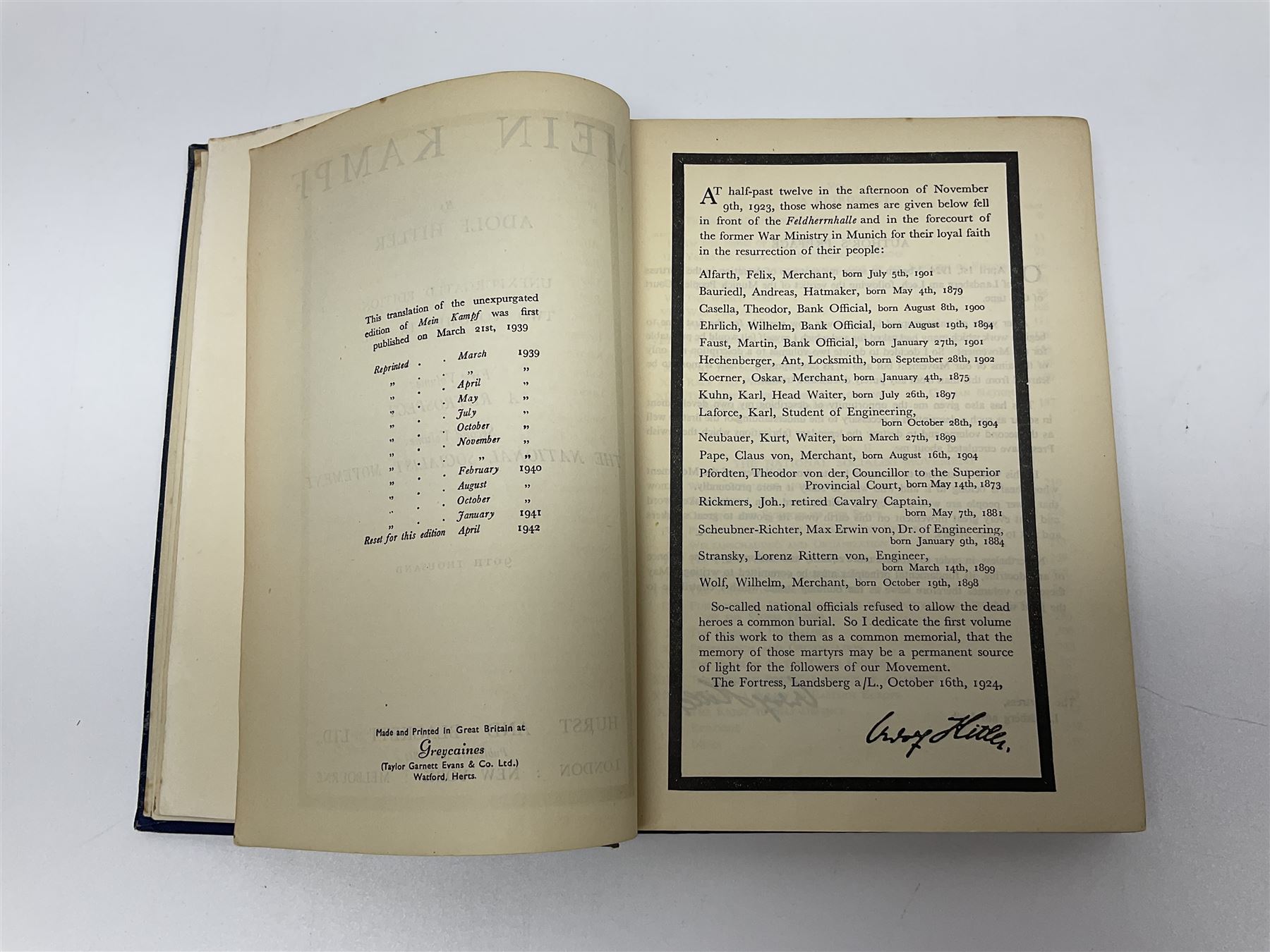Hitler Adolf: Mein Kampf. Unexpurgated edition. Two volumes in one. 1942. English text. Blue cloth/gilt covers.