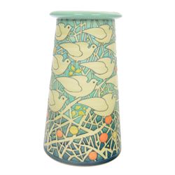 Dennis Chinaworks 'Time Flies' 20th Anniversary vase, designed by Sally Tuffin dated 2013 and numbered 8, of tapering cylindrical form with flared rim, decorated with doves upon a tube lined blue/green ground, with impressed and painted marks beneath, H24cm