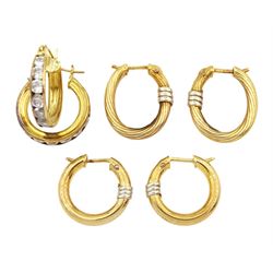 Pair of cubic zirconia hoop earrings and two other pairs of gold hoop earrings, all 9ct