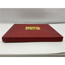 Meccano Set No.5 wooden box containing quantity of predominantly red and green sections, parts, brackets, wheels etc and instruction booklet