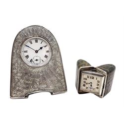 Ladies silver purse watch lever movement by Aster, in crocodile folding case and a small Art Deco silver mounted on oak desk clock, engine turned decoration by William Vale & Sons, Chester 1920   