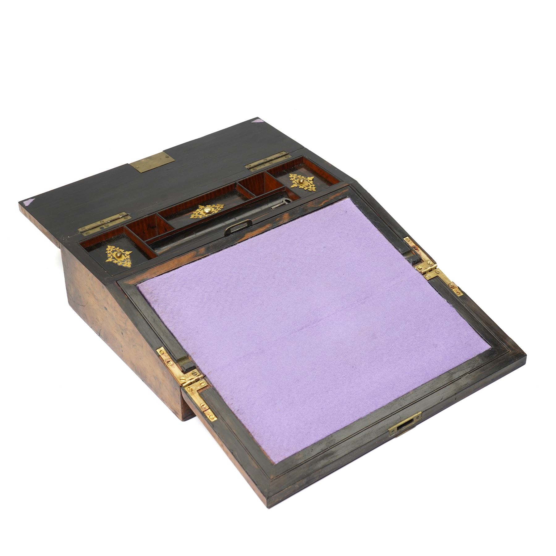 Victorian figured walnut writing slope, with brass mounted gothic decoration to cover opening to reveal purple slope, and compartmentalised interior, with key, W35cm