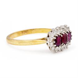 18ct gold ruby and diamond cluster ring, three oval cut rubies surrounded by eighteen single cut diamonds, London 1979, total ruby weight approx 0.55 carat, total diamond weight approx 0.20 carat