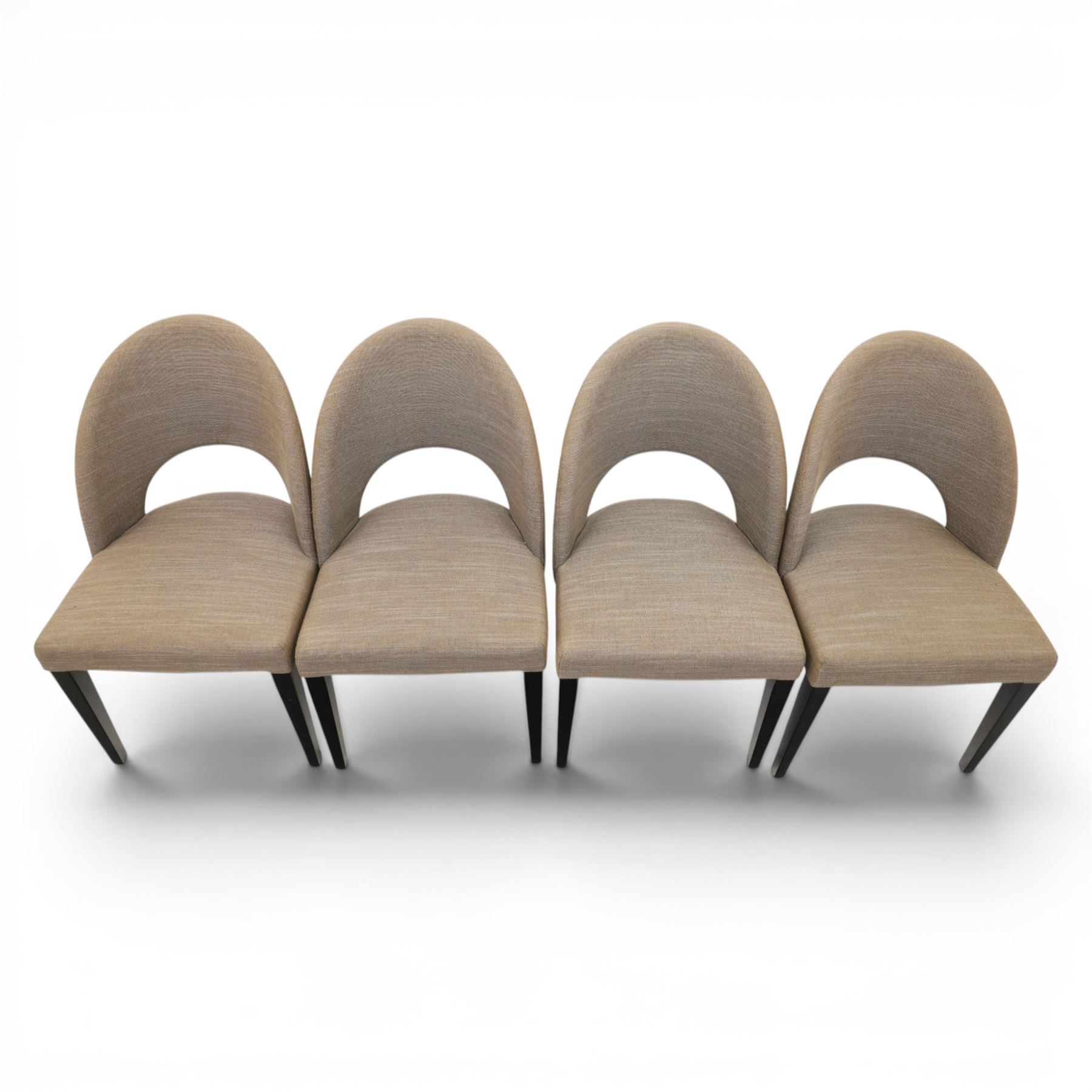 Modern oak extendable table and four chairs, extending top with stowable leaf (Extends to 152cm), chairs with brown upholstery and tapered square legs