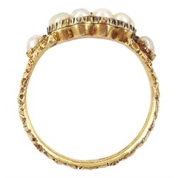 George III gold split pearl mourning ring, with engraved foliate decoration shank, dated 1818