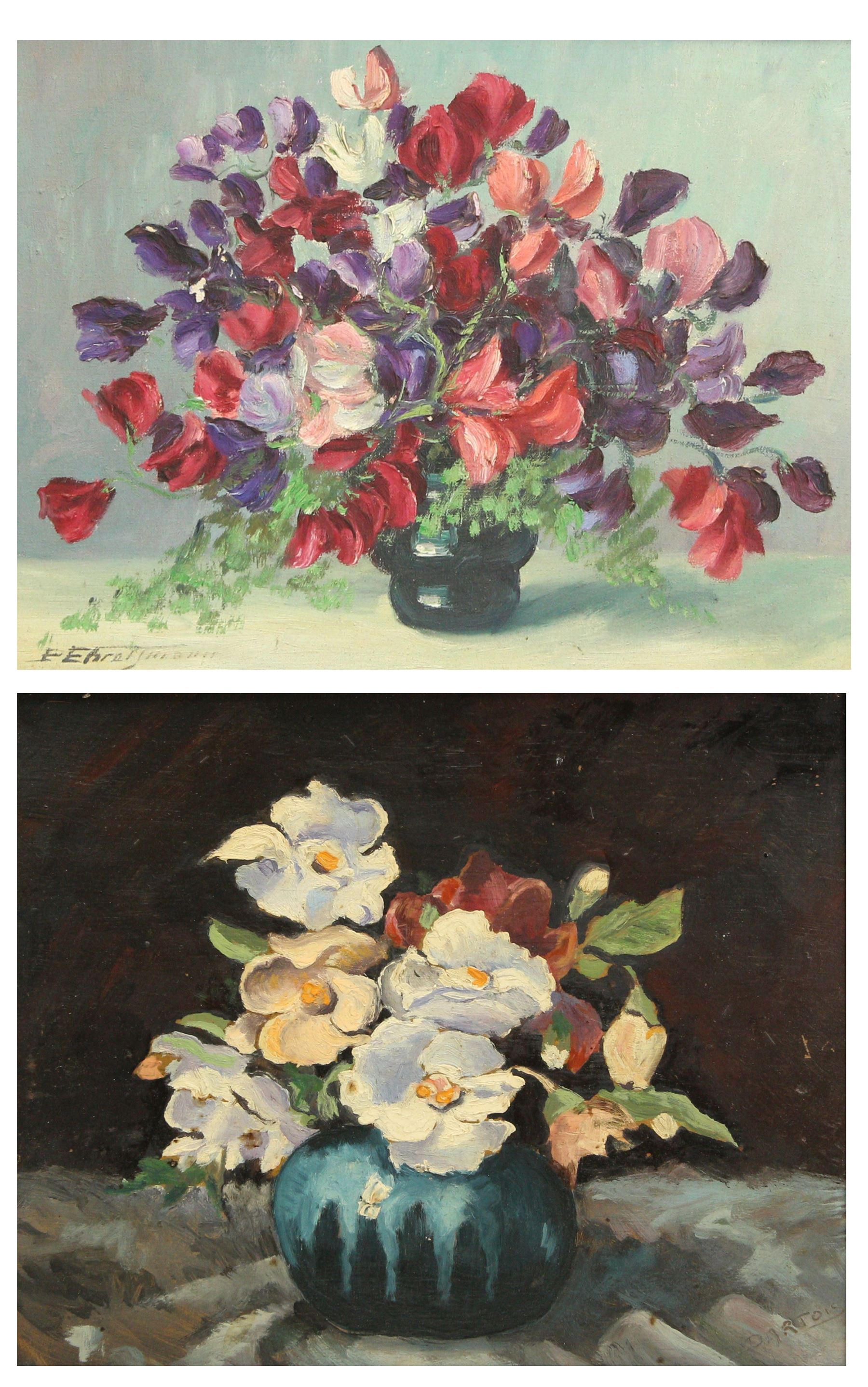 Paul Ehretsmann (Continental 20th Century): Still Life of Flowers in a Blue Vase, oil on canvas signed; D'Artois (French 20th Century): Still Life of a Bouquet, oil on board signed max 25cm x 34cm (2)