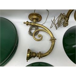 Pair of wall lights with green glass shades, together with three green metal light shades, metal shades D37cm 