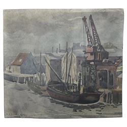 After Laurence Stephen Lowry RBA RA (Northern British 1887-1976): The Shipyard, watercolour bearing signature and dated 1959, with similar watercolour verso 28cm x 30cm (unframed)