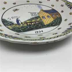 Four French Faience plates, comprising Je suis las de le porter, Le malheur nous reunit, Je desire y arriver and Eveque de Meaux, D24cm  