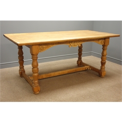  Pine refectory dining table, rectangular plank top with bread boarded ends (183cm x 92cm, H79cm), and six carved high back chairs  