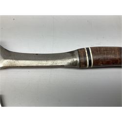 Estwing Black Eagle style double bit throwing axe with leather grip, virtually mint with labels present, plastic blade protectors and nylon sheath L43cm; another smaller Estwing axe stamped 24A to the pommel, with leather grip and sheath; and a vintage short handled hedge knife, the blade stamped IH (?) No.2 (3)