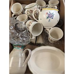 Autumn Leaves pattern tea and dinner wares, including cooking pot, cups, plates, bowls, etc and a collection of other ceramics and glassware, in two boxes 