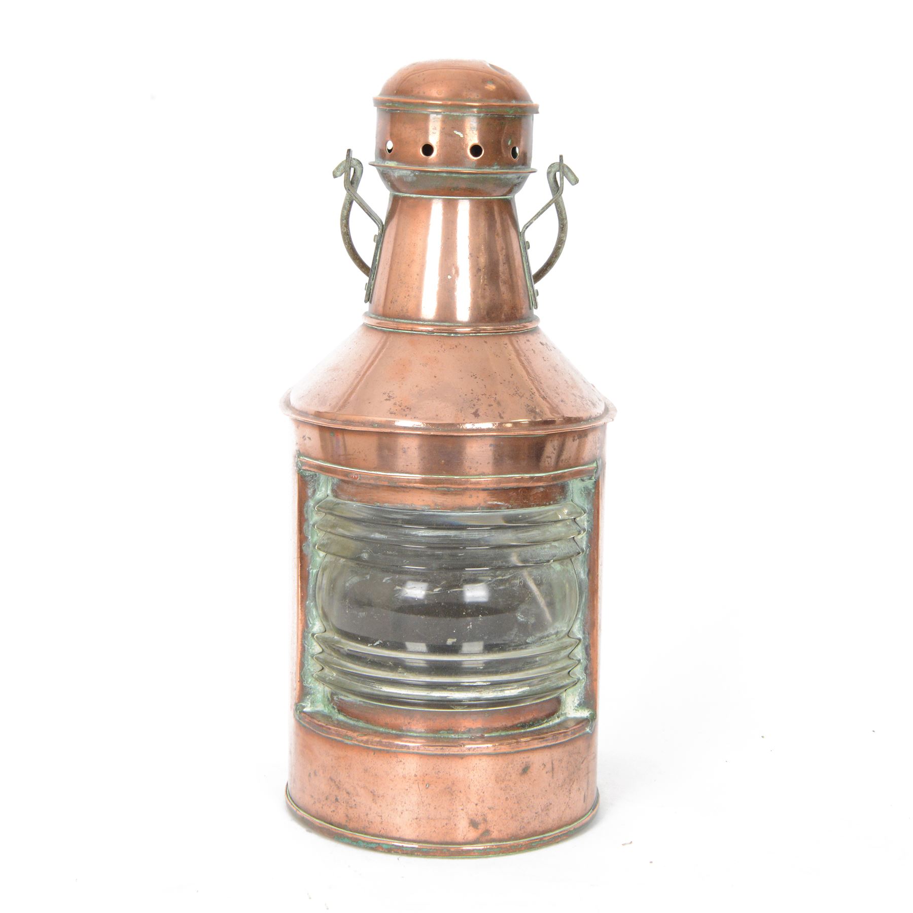 Early 20th century copper ships lantern, with curved and ribbed clear glass panel and swing handle, H55cm