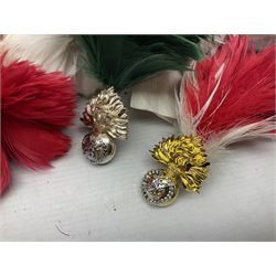 Quantity of military horse hair plumes and feather hackles, cloth stripes and regimental titles etc