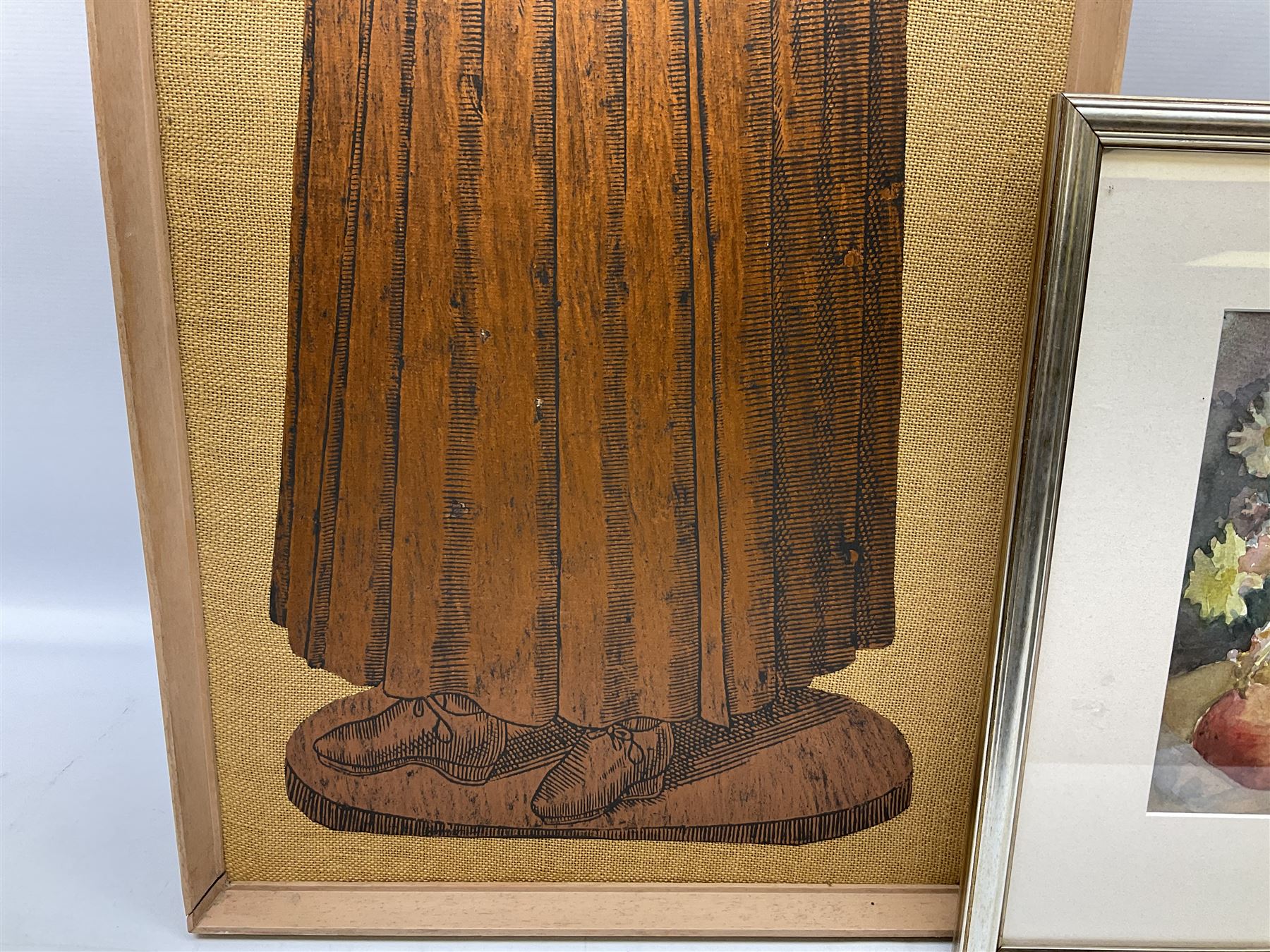 Jean Jones (Irish 20th century): 'Apples and Flowers', watercolour signed and dated 2001 together with brass rubbing of Jane Coningsbie (d.1608) from the Church of Saint Margaret at Felbrigg Norfolk max 104cm x 39cm (2)