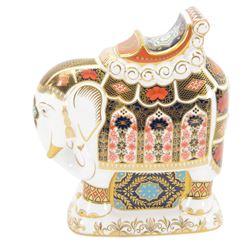 Royal Crown Derby paperweight, large Imari Elephant, decorated in the 1128 pattern, gold s...