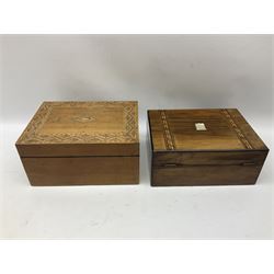 Oak sewing box with geometric inlaid decoration, the hinged lid lifting to reveal compartmented interior with lift out tray together with another mahogany example with mother of pearl and marquetry inlay decoration, both for restoration, largest H15cm W30cm D22cm