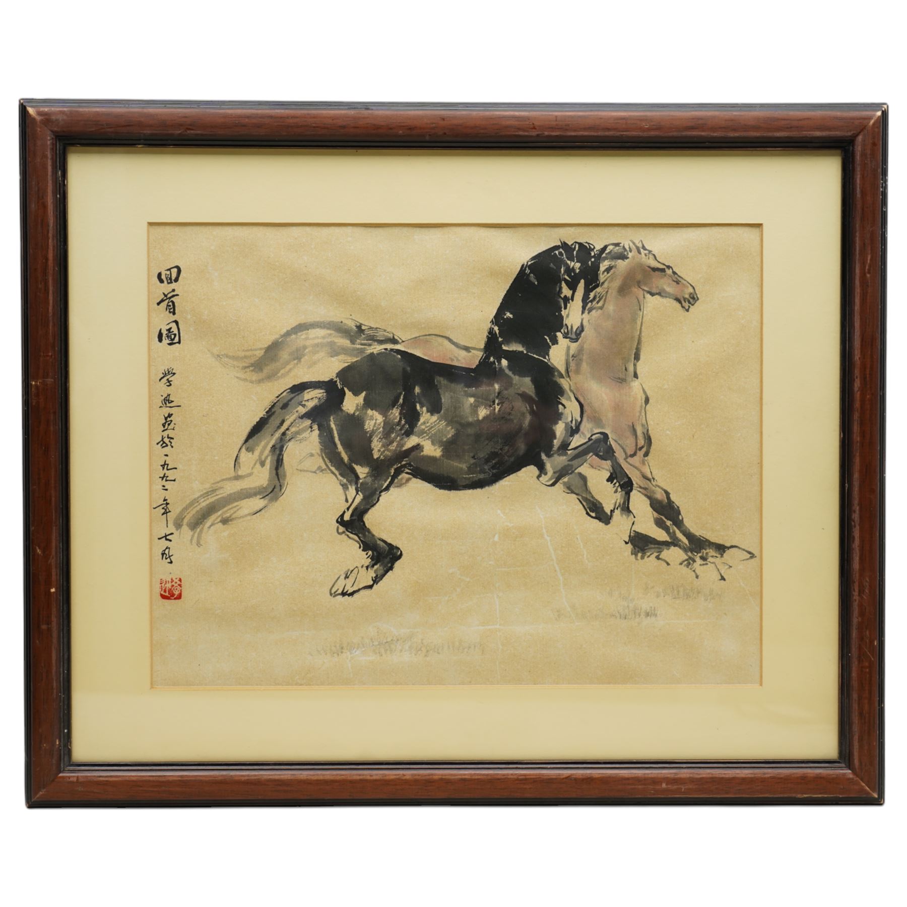 Circle of Xu Beihong (Chinese 1895-1953): Stallions, monochrome watercolour on laid paper signed with artists seal 30cm x 40cm