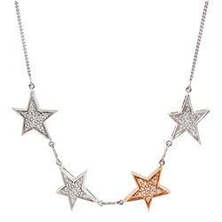 14ct white and rose gold pave set diamond stars, on 9ct gold trace link necklace 