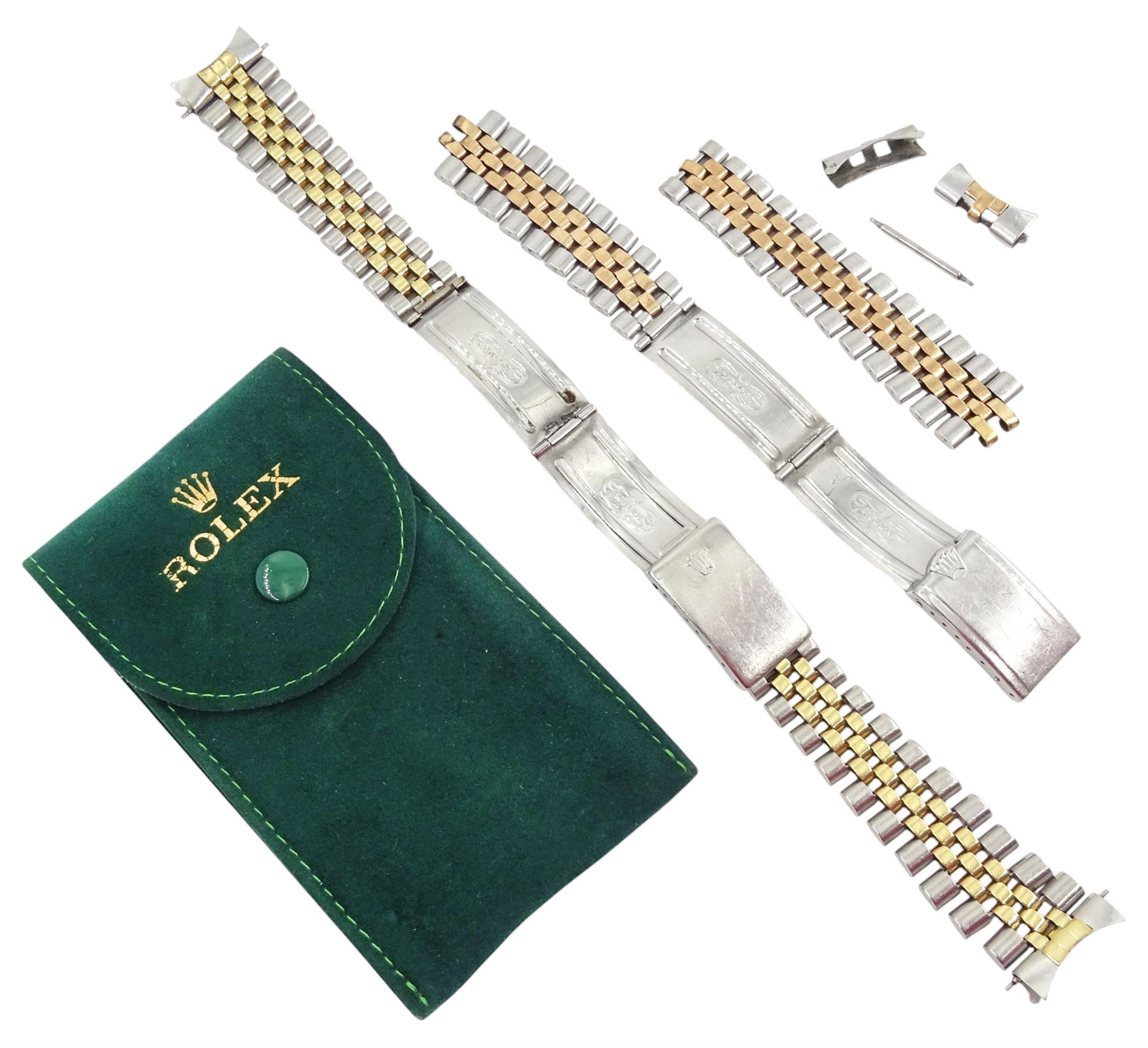 Rolex Jubilee yellow gold and stainless steel watch bracelet and one other Rolex Jubilee rose gold and stainless steel watch bracelet, with Rolex pouch