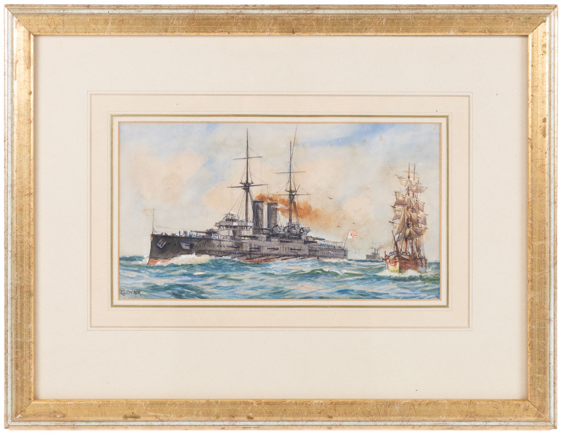 Charles John de Lacy (British 1856-1929): Japanese Battleship, watercolour signed 14.5cm x 26.5cm 