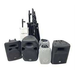 Wharfedale Pro Titan 12 speaker, pair of Wharfedale pro titan 8 speakers, Skytec SP1000 speaker, img stage line PAB-110 MK2 speaker and five speaker stands of various sizes (10)