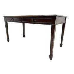 George III design mahogany writing table, rectangular top with inset leather writing surface,  fitted with two frieze drawers, raised on square tapering supports with spade feet